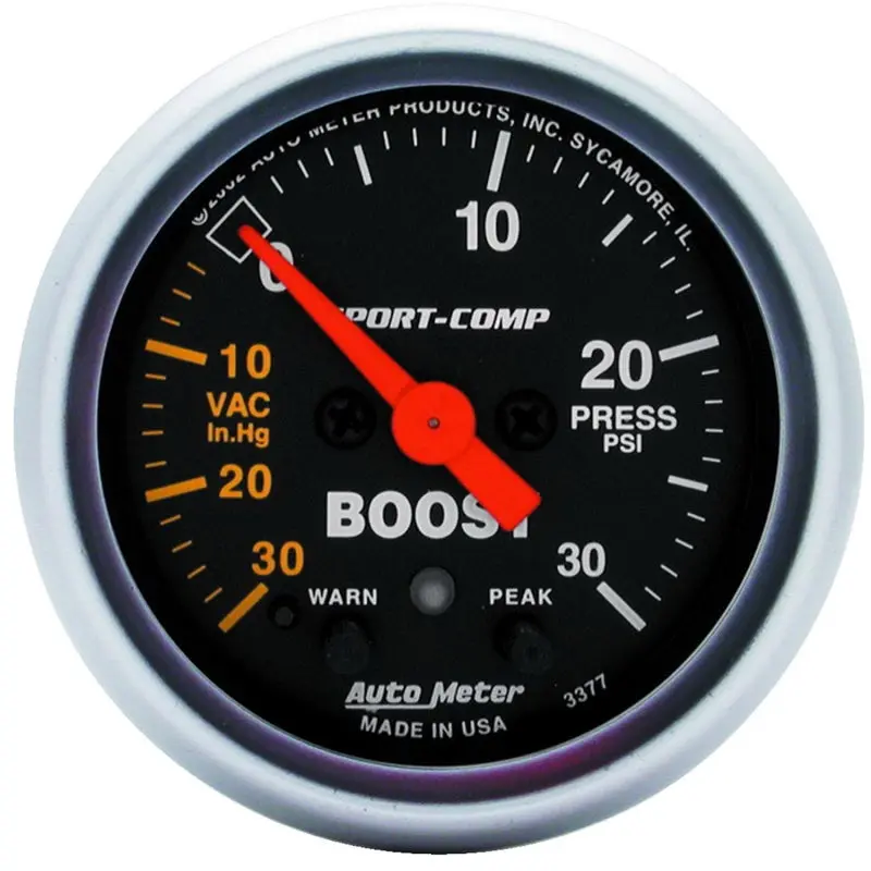 Autometer Sport-Comp Electronic Boost Gauge – 52Mm (2-1/16″), 0–30 Psi, With Peak Memory & Warning Function 1